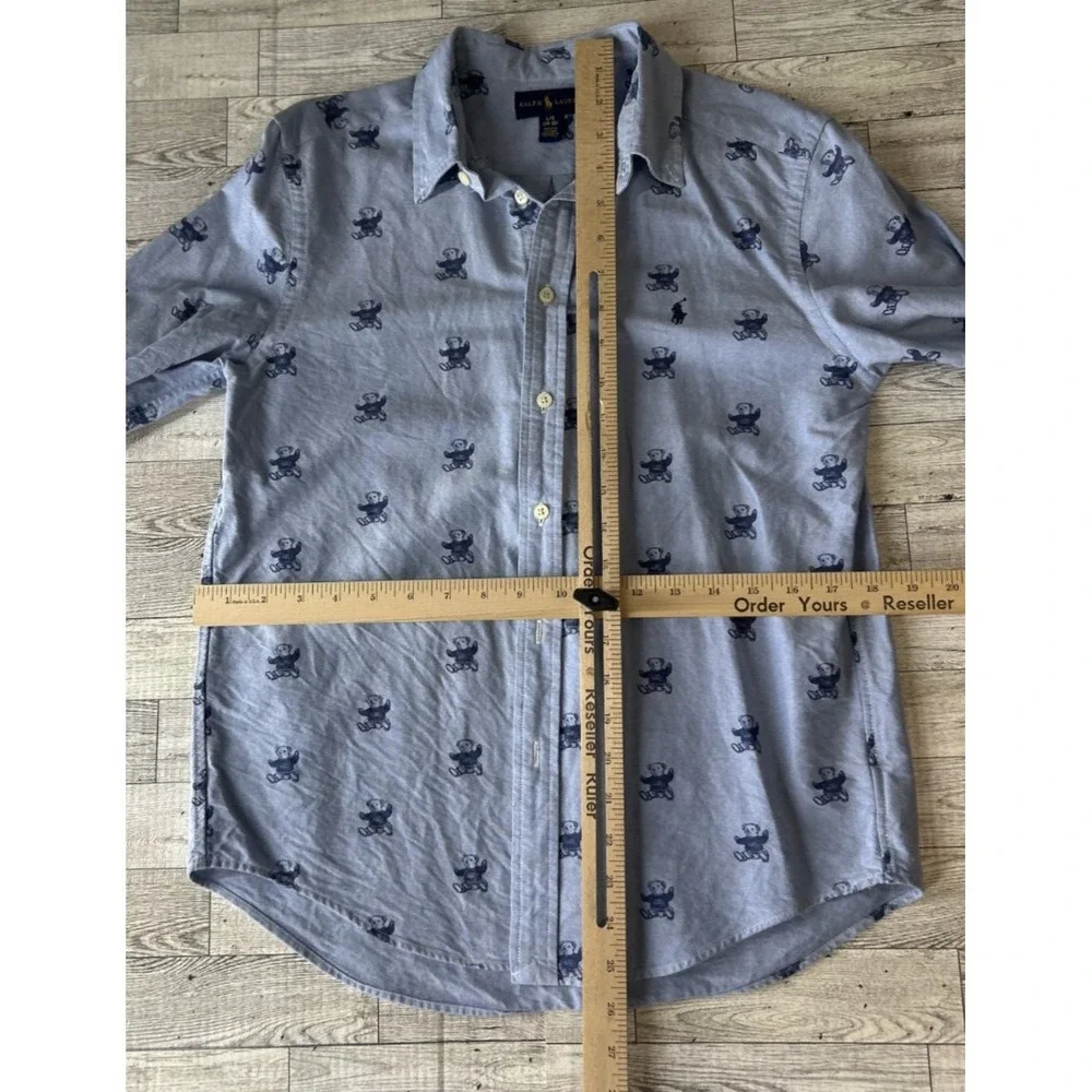 Ralph Lauren Boys Shirt Polo Bear All Over Print ButtonDown Blue Oxford LG 14/16